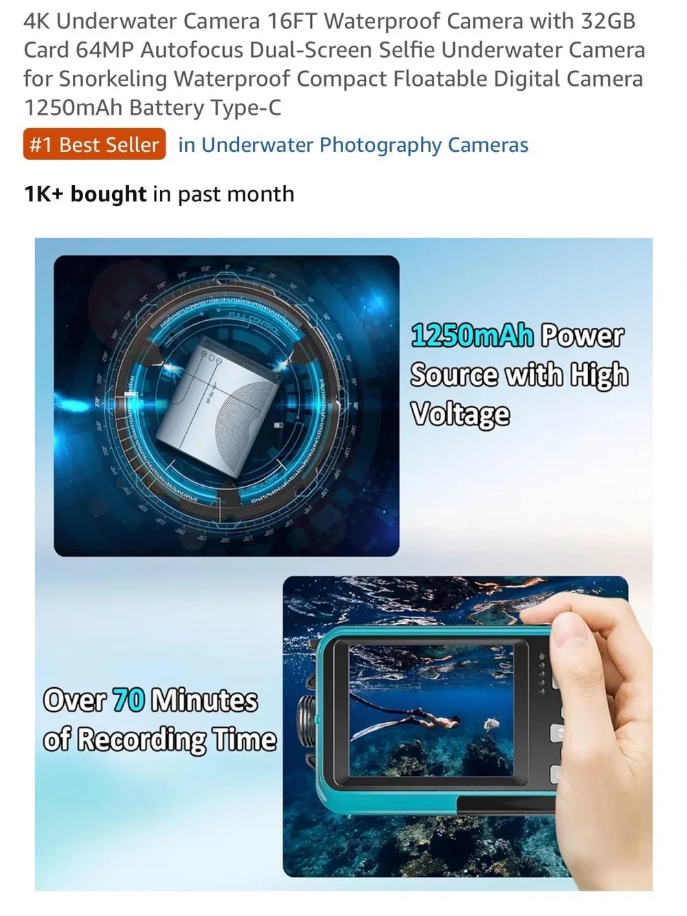 4K Waterproof Underwater Camera - Blue | 64MP Autofocus, Dual-Screen